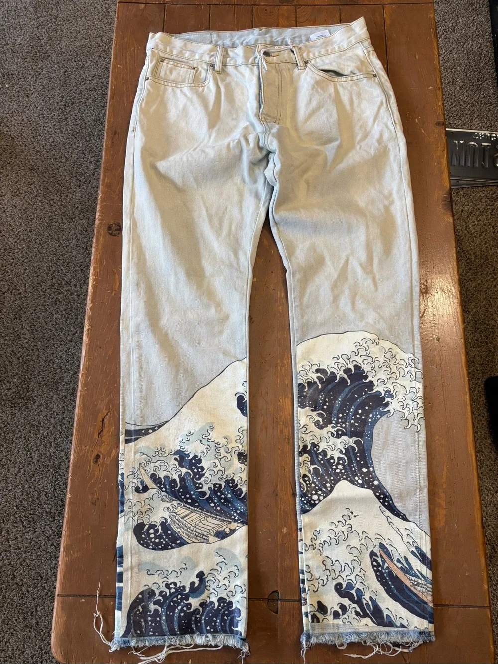 MNML Jeans Retro Ocean Waves Mountain Art Washed Denim Pants